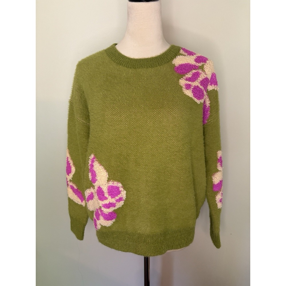 FRNCH Paris Ulyssia Floral Appliqué Sweater Green Pink SOFT COZY Boho Size Large - Picture 2 of 9